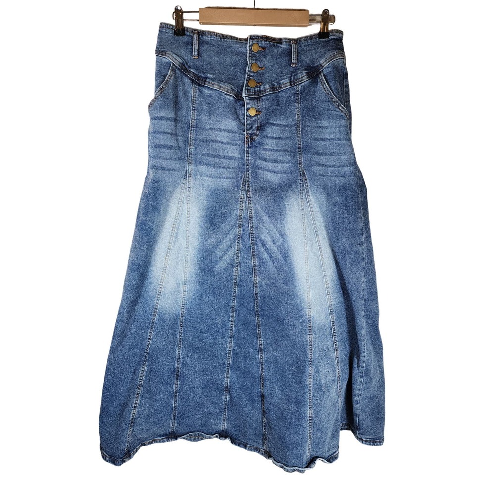 CHARLOU Blue Denim Button Up Front Heavy Medium Wash Maxi Skirt SZ XLT